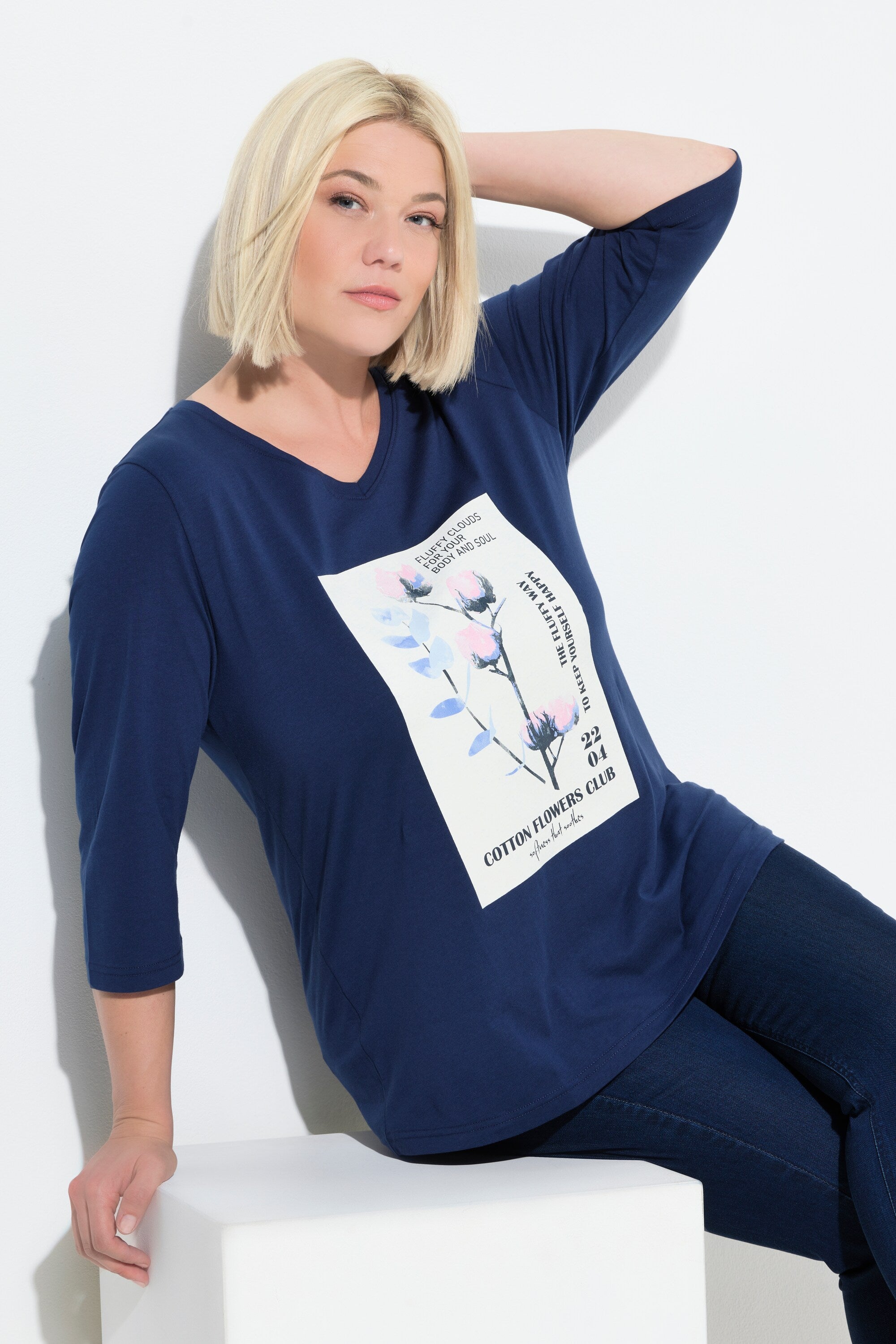 Ulla Popken Floral Motif Top in Navy