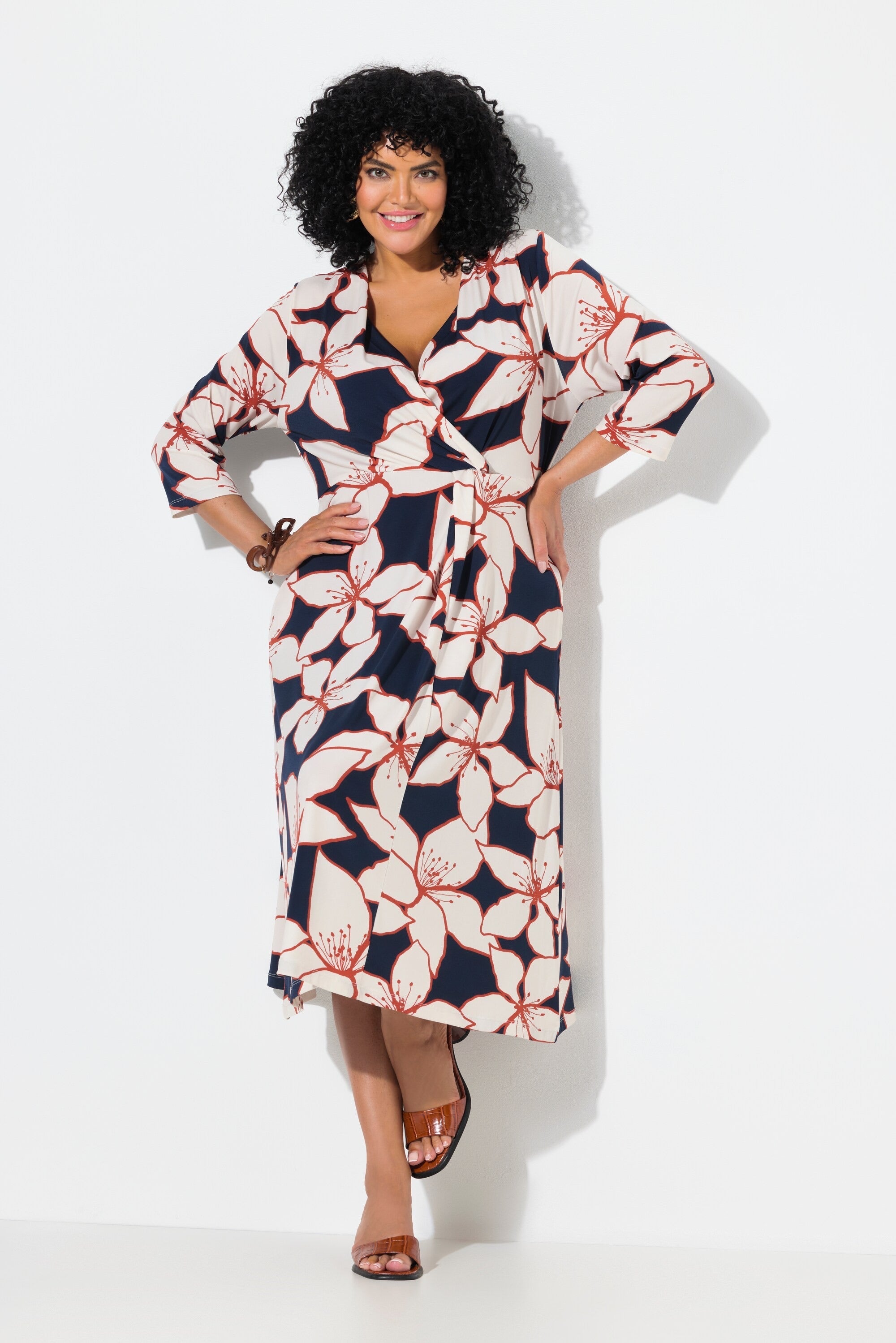 Ulla Popken Floral Wrap Dress in Navy