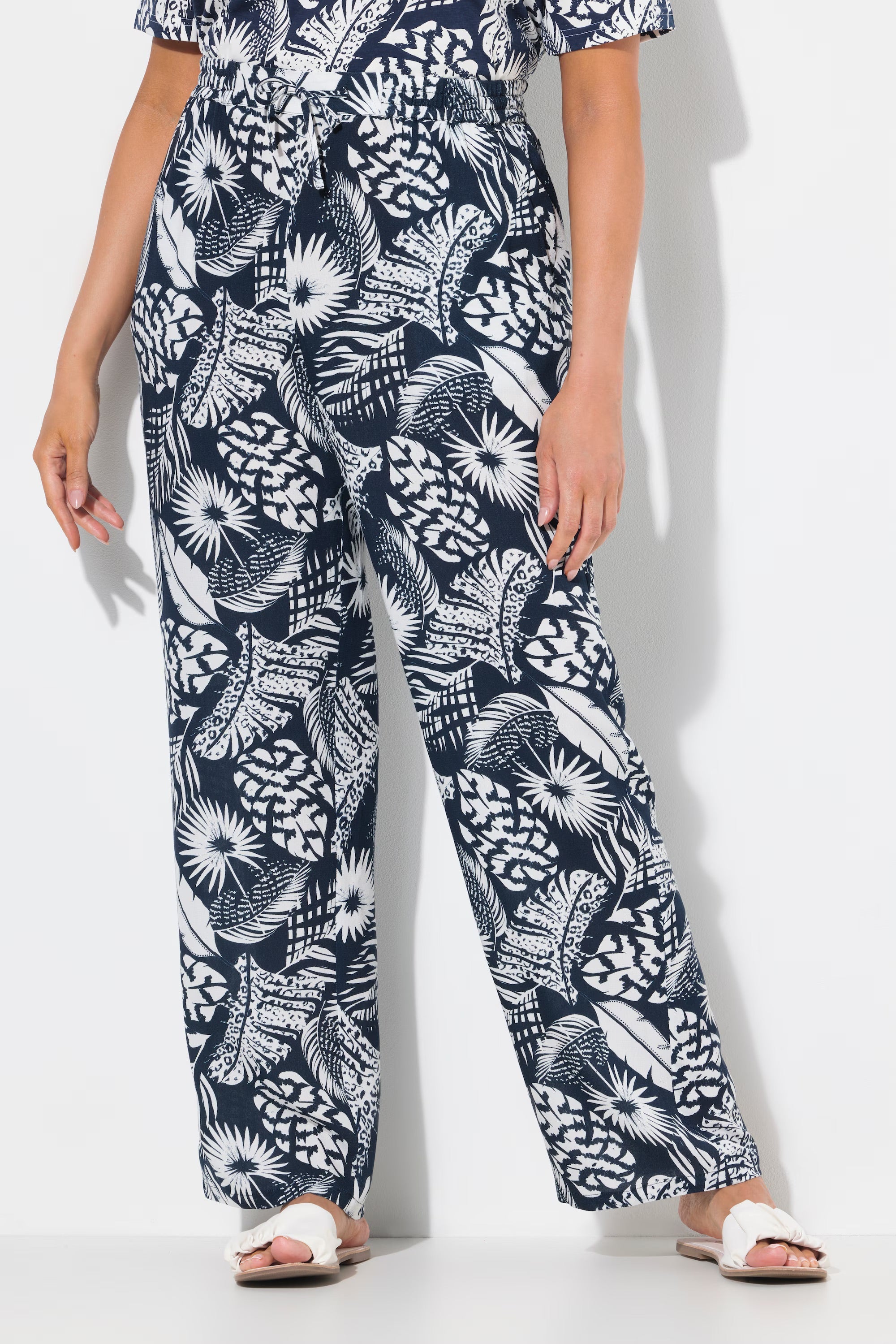 Ulla Popken Wide Leg Trousers in Navy Leaf