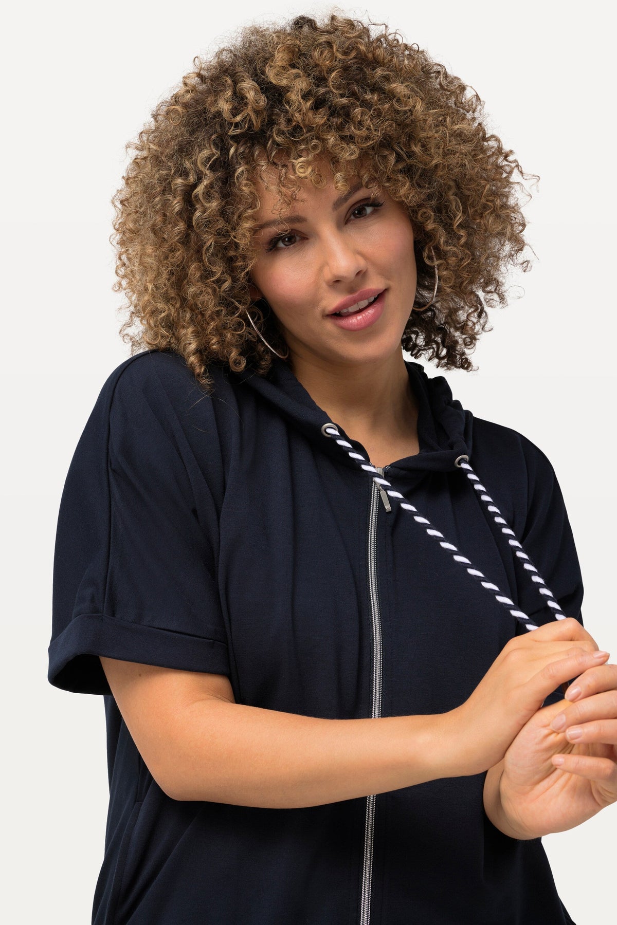 Ulla Popken Zipped Hoodie in Navy