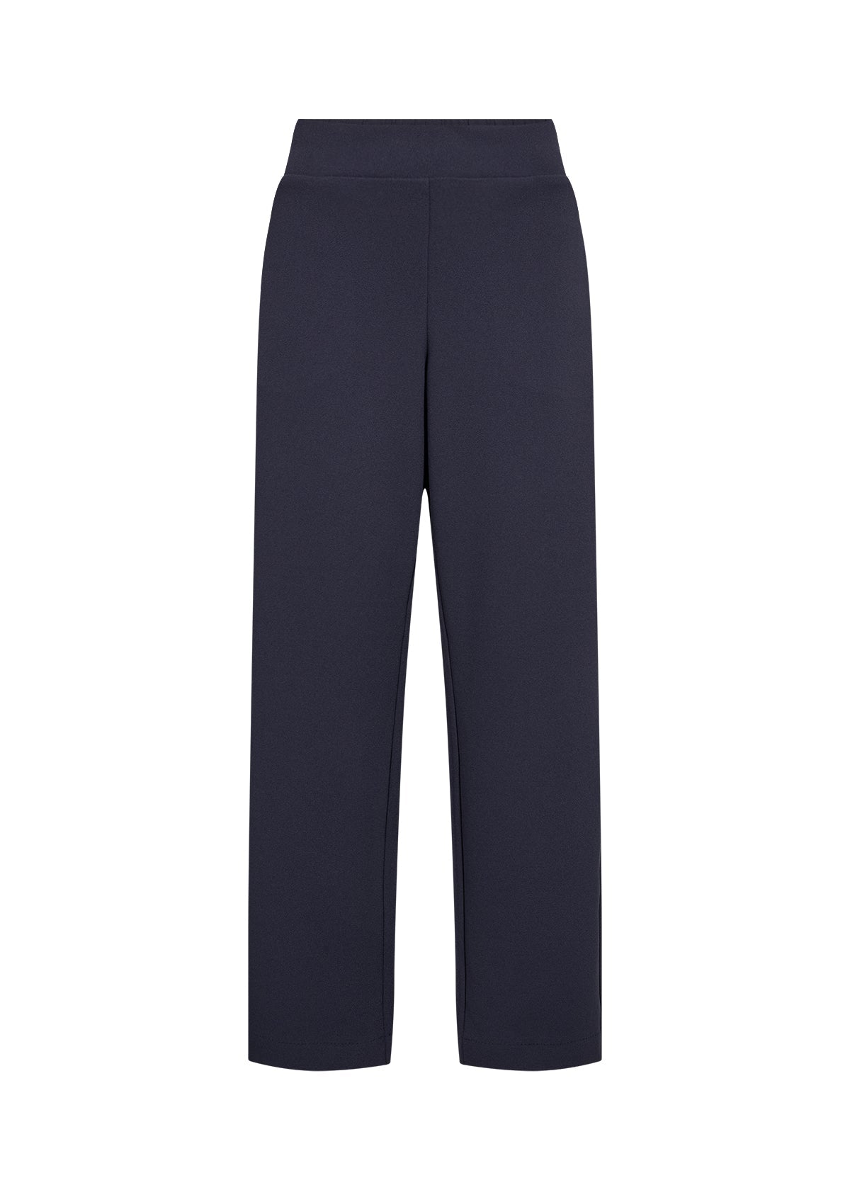 Person wearing the Wasabi Kufa Trousers in Navy, a navy wide-leg  trousers and a striped shirt on a white background 