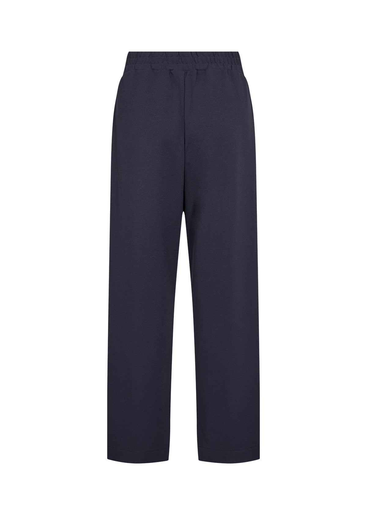 Person wearing the Wasabi Kufa Trousers in Navy, a navy wide-leg  trousers and a striped shirt on a white background 