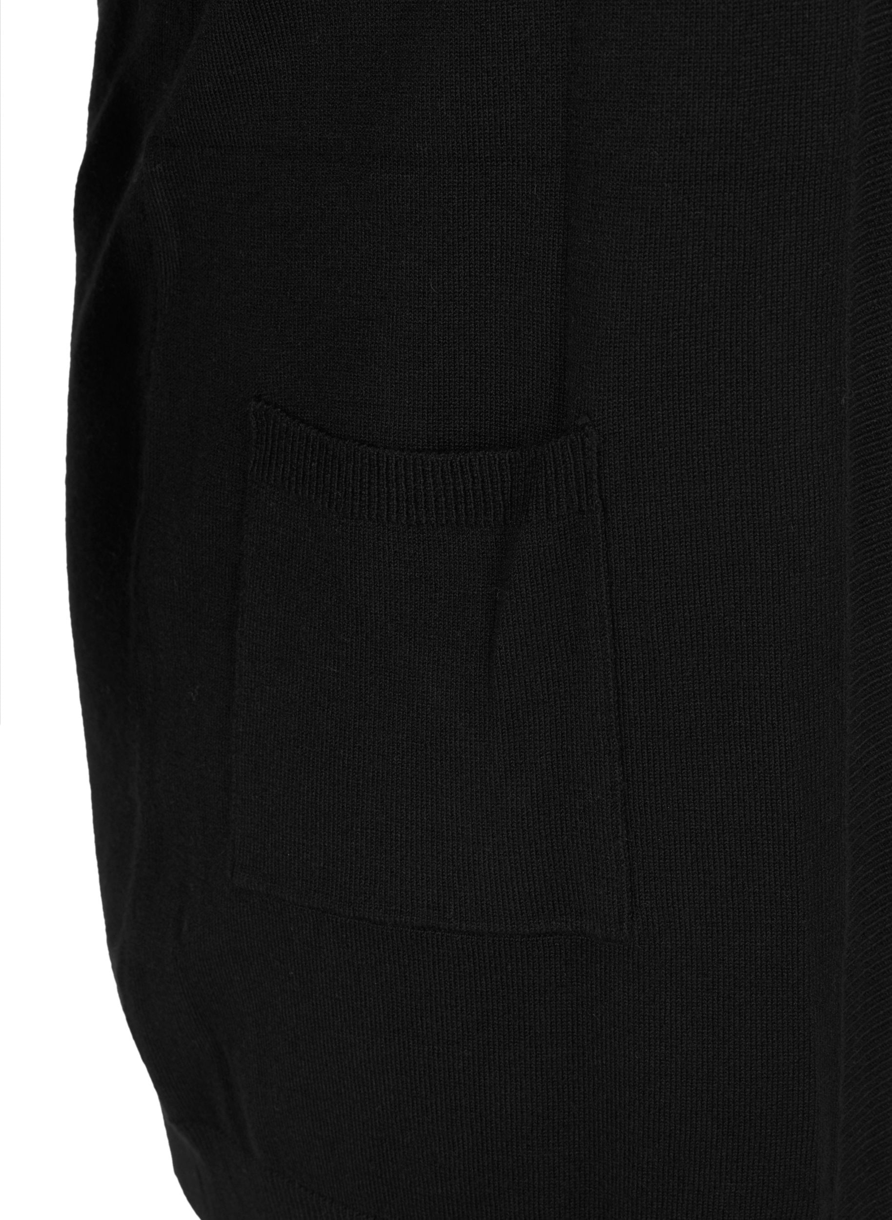 Black knitted cardigan with a pocket on a white background