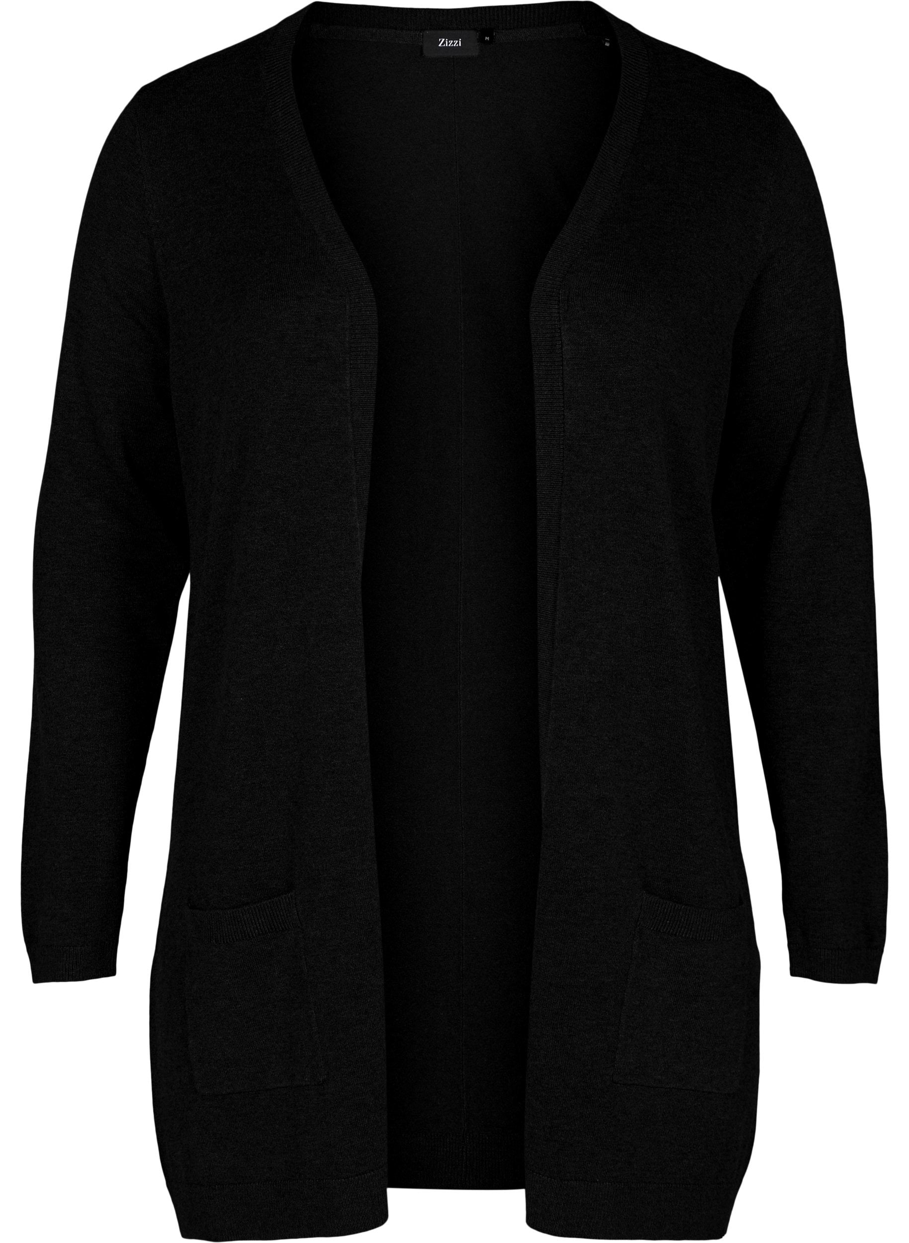 Black long line cardigan with an edge to edge opening and long sleeves on a white background