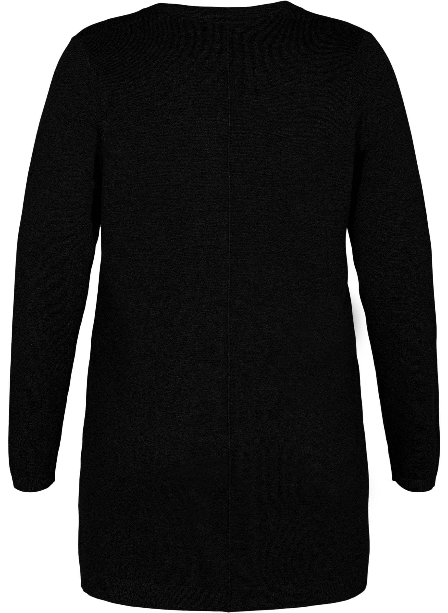 Black long line, knitted cardigan with long sleeves on a white background