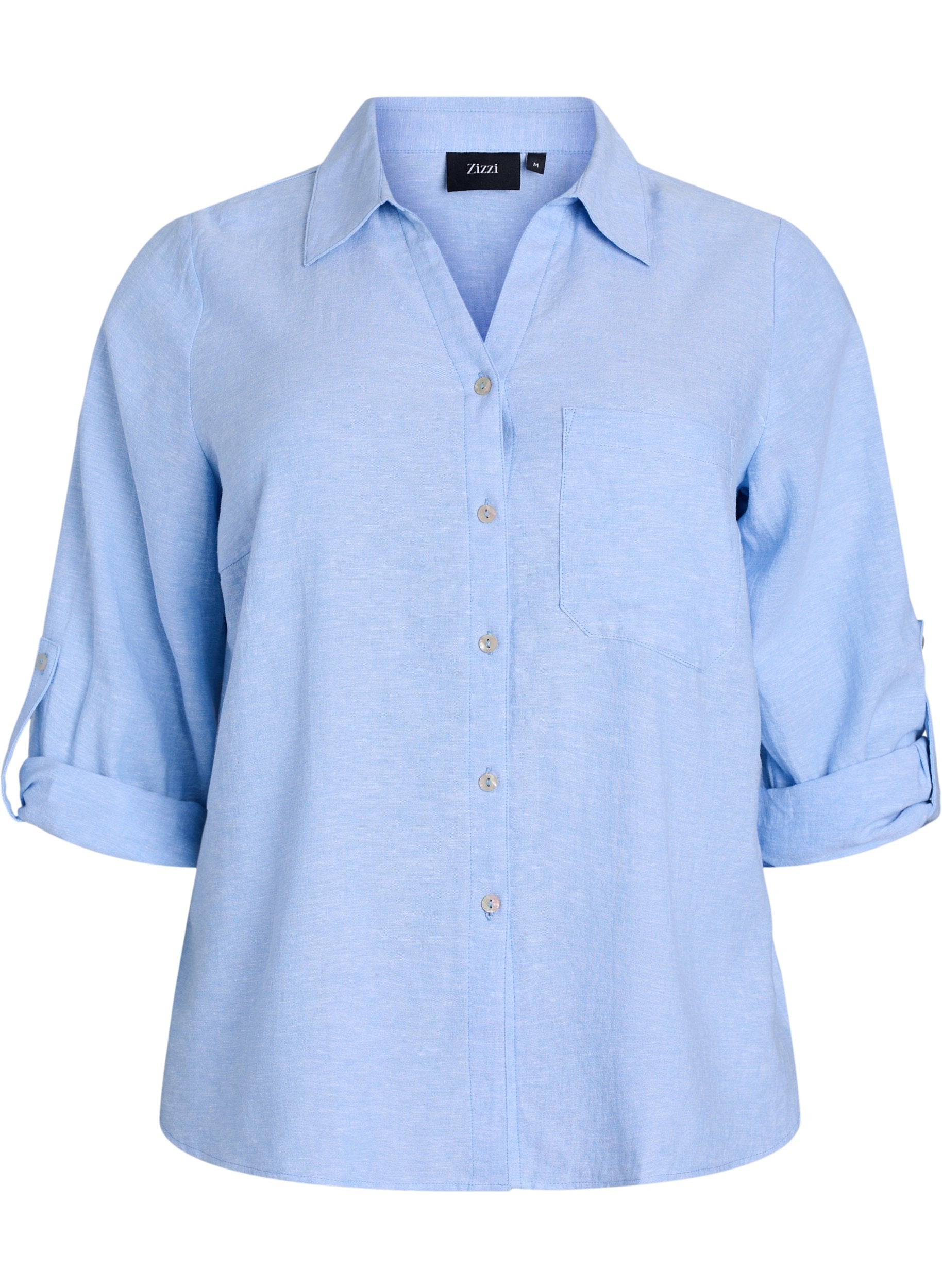 Zizzi Lina Shirt in Blue, front view with rolled sleeves, a collared V neckline and button down front on a white background