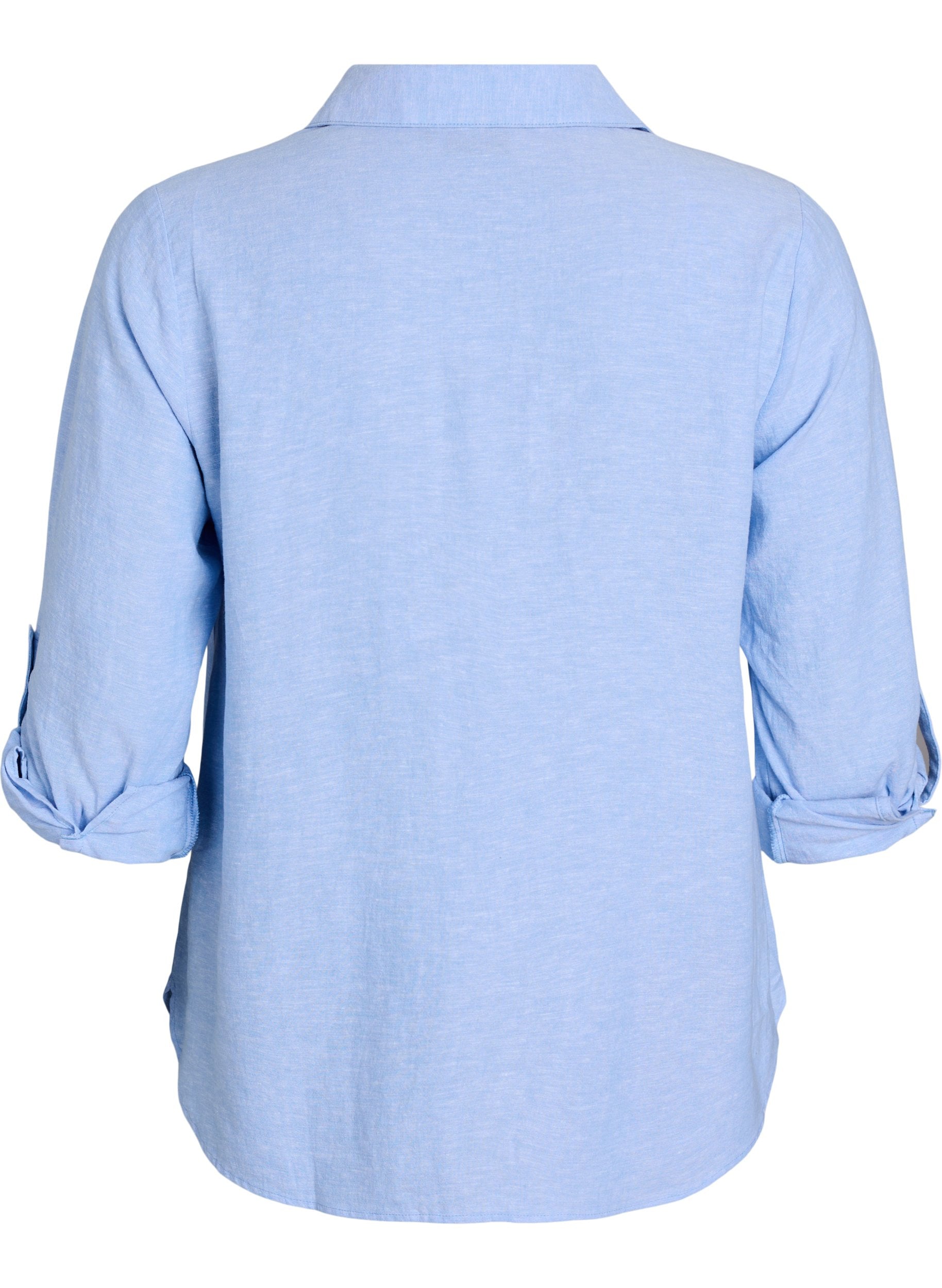 Zizzi Lina Shirt in Blue, back view button-up shirt on a white background