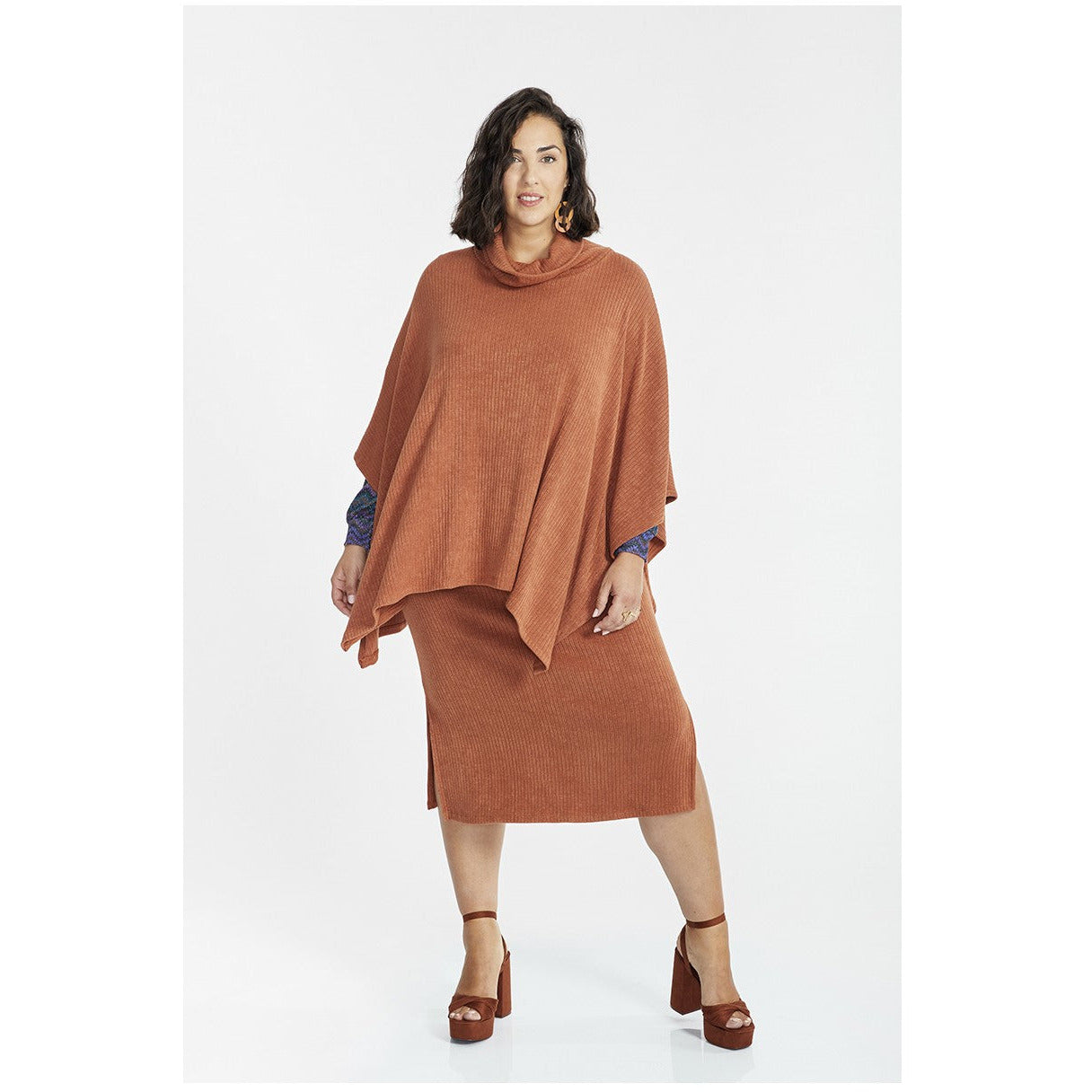 SPG Ribbed Poncho in Rust - Wardrobe Plus