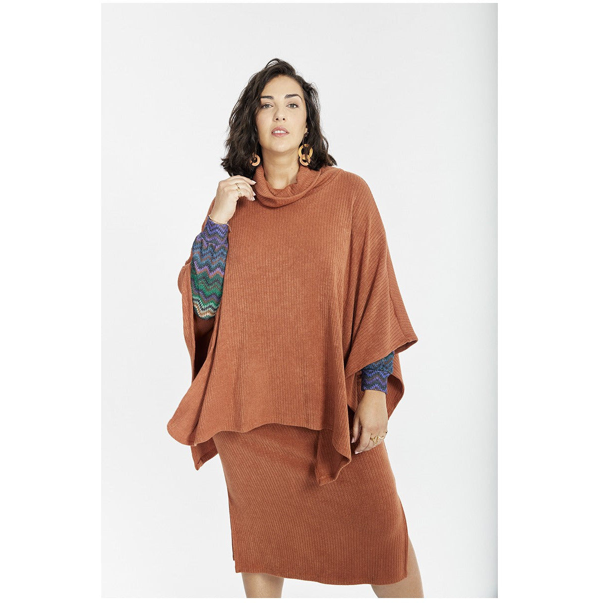 SPG Ribbed Poncho in Rust - Wardrobe Plus